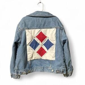 Kids size 8 Custom denim jacket handmade cathedral window quilt patch